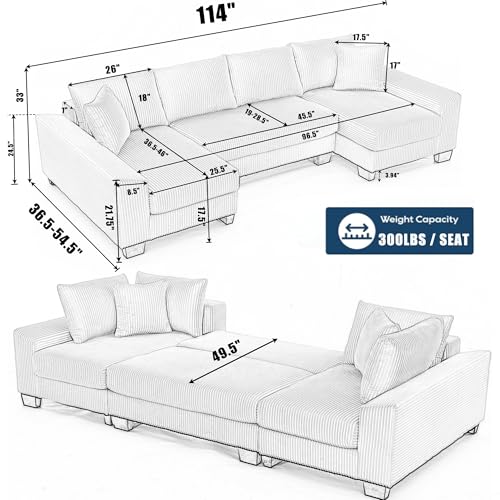 ERYE 114-Inch Oversized U-Shaped Sleeper Sectional Sofabed, U Shaped Pull Out Sleeper Couch Symmetrical Convertible Sectional Sofa Bed with Double Chaise Daybed & Toss Pillows