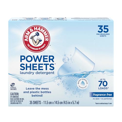 ARM & HAMMER Power Sheets Laundry Detergent, Fragrance Free, No Dyes or Perfumes, Lightweight and Travel-Friendly, 35 Count, Up to 70 Small Loads
