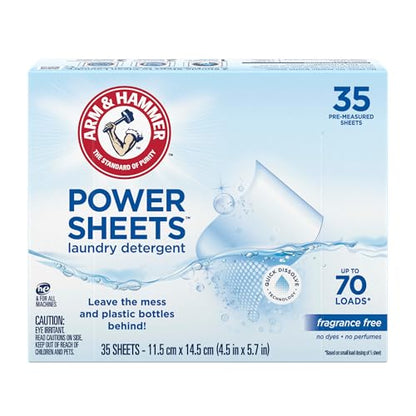 ARM & HAMMER Power Sheets Laundry Detergent, Fragrance Free, No Dyes or Perfumes, Lightweight and Travel-Friendly, 35 Count, Up to 70 Small Loads
