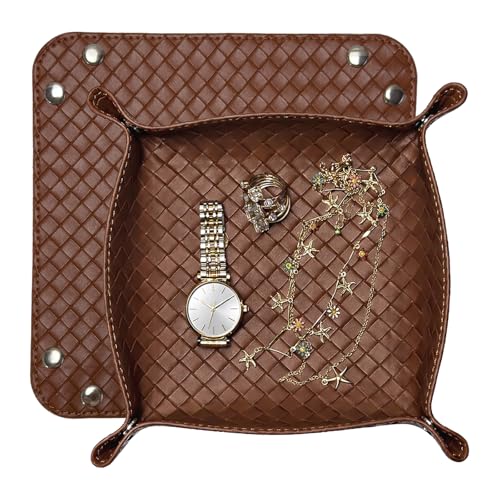 UnionBasic Small Valet Tray, Jewelry Tray for Rings Watches Earrings, Entryway Catchall Caddy for Coins Keys Change, Nightstand Bedside Valet Holder, Trays for Electronic Gadgets, Woven Leather Brown