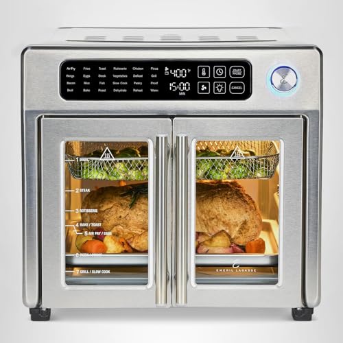 Emeril Lagasse Extra Large French Door Air Fryer Toaster Oven Combo, 24 Cooking Functions and Digital Controls, 7 Accessories Included, Stainless Steel Finish, 26QT Capacity