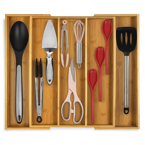 Purawood Kitchen Drawer Organizer - Expandable Utensil Drawer Organizer for Kitchen, Cutlery Tray & Silverware Organizer, 3-5 Slots - Bamboo Organizer for Utensils & Flatware (Natural)