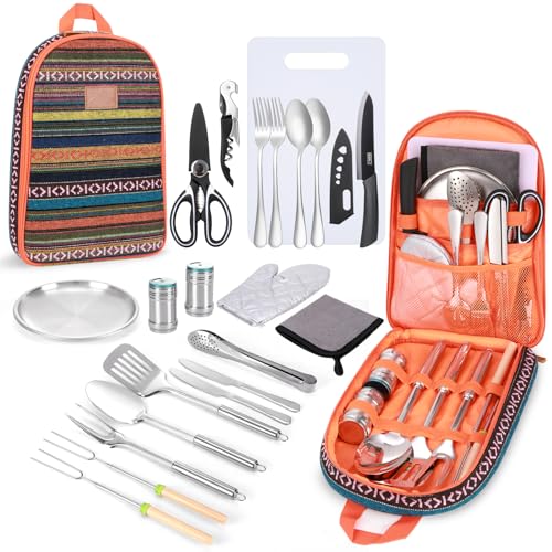 Freehiker Camping Cooking Utensils Set - Camping Essentials Accessories Gear Must Haves - Camper Tent Kitchen Equipment RV Cookware Supplies Gadgets Outdoor Stove Portable Picnic Gifts BBQ Stuff