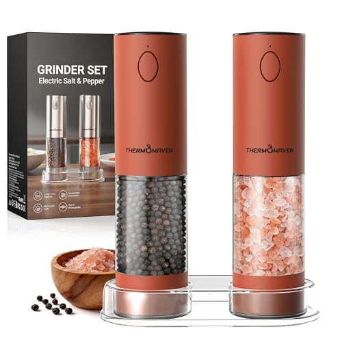 ThermoMaven Electric Salt and Pepper Grinder Set, 110ml Larger Rechargeable Automatic Salt and Pepper Mill Grinder with 6 Adjustable Coarseness, Electric Salt and Pepper Shakers, LED, Burnt Orange