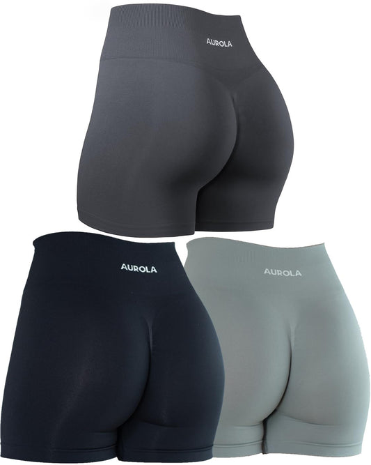 AUROLA 3 Pieces Pack Set Dream Workout Shorts for Women Seamless,Dark Black/Asphalt Grey/Ultimate Gray,M