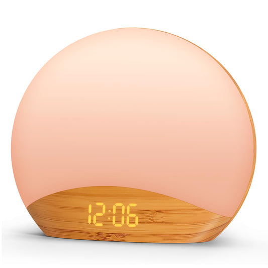 REACHER Wood Grain Sunrise Alarm Clock and Sound Machine Nightlight, Digital Dimmable Clock for Bedroom, 26 Sleep Sounds, White Noise Machine for Baby, Adults, Wake Up Light Alarm Clock for Kids