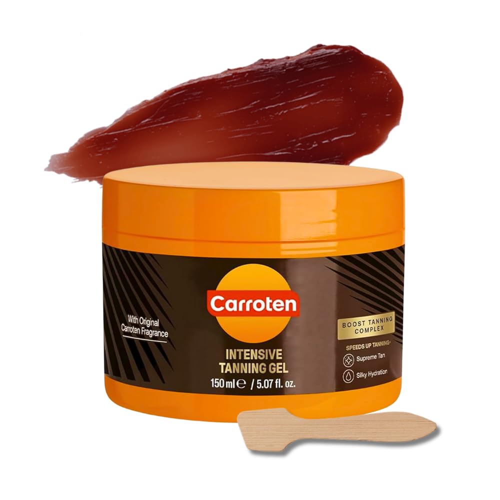 Carroten Intensive Tanning Gel | Browning Tan Accelerator | Non-Greasy, Water-Resistant with Carrot and Coconut Oil | Vitamin A & E For Moisture & Hydration | Made in Greece | 5 Fl Oz + Spatula