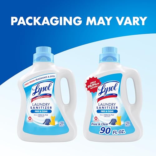 Lysol Laundry Sanitizer Additive, Free & Clear, Free from Fragrance and Dyes, 0% Bleach Laundry Sanitizer, Bacteria-causing Laundry Odor Eliminator, Unscented, 90 Fl Oz (Pack of 1) - Package May Vary