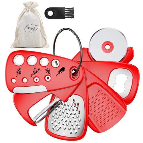 Pisol Kitchen Unique Gadgets Set 6 Pieces, Space Saving, Cheese Grater, Bottle Opener, Fruit Vegetable Peeler, Pizza Cutter, Garlic Ginger Grinder, Herb Stripper Gift Set