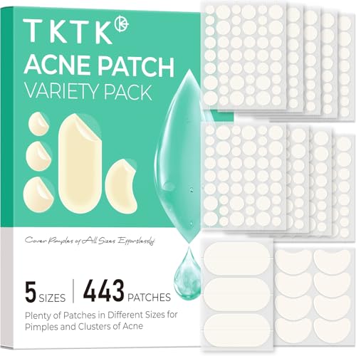 TKTK 443 Count Pimple Patches for Face, Hydrocolloid Acne Cover Patch Bulk | Pimple Stickers for Cheeks, Forehead, Chin Blemishes Zit & Breakouts, All Skin Types, Dots, Strips, Contoured 5 Sizes Variety