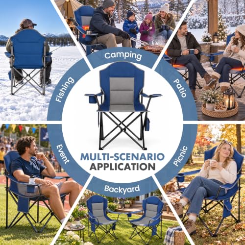 DUMOS Heated Camping Chair for Adults, Folding Chair for Outside | Padded 400 lbs Heavy Duty Support, 3 Heat Levels, 2 Heating Zones, for Outdoor Sports Lawn, Battery Not Included, Blue Grey
