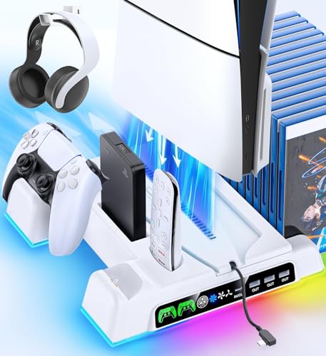 Cooling Stand for PS5/ Slim/Pro Disc & Digital Console, PS5 Cooling Station with Dual Controller Charging Station for PlayStation 5 Console, P S5 Accessories Stand with AUTO Adjustable Fan