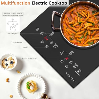 Noxton 110V Electric Cooktop 2 Burners, 12 Inch Electric Stove,Counter top Burner & Built-in Ceramic Stovetop, Sensor Touch Control Timer, Child Safety Lock, High Temperature Warning