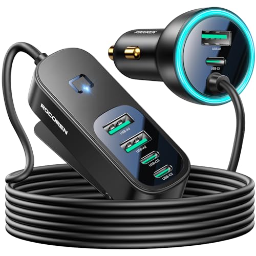 Rocoren 105W 6-Port Multiport Car Charger, PD Fast USB C Car Charger for Multiple Devices, Cigarette Lighter Adapter Car Travel Essentials for Road Trips with 5FT Cable, Car Accessories for iPhone 17/16