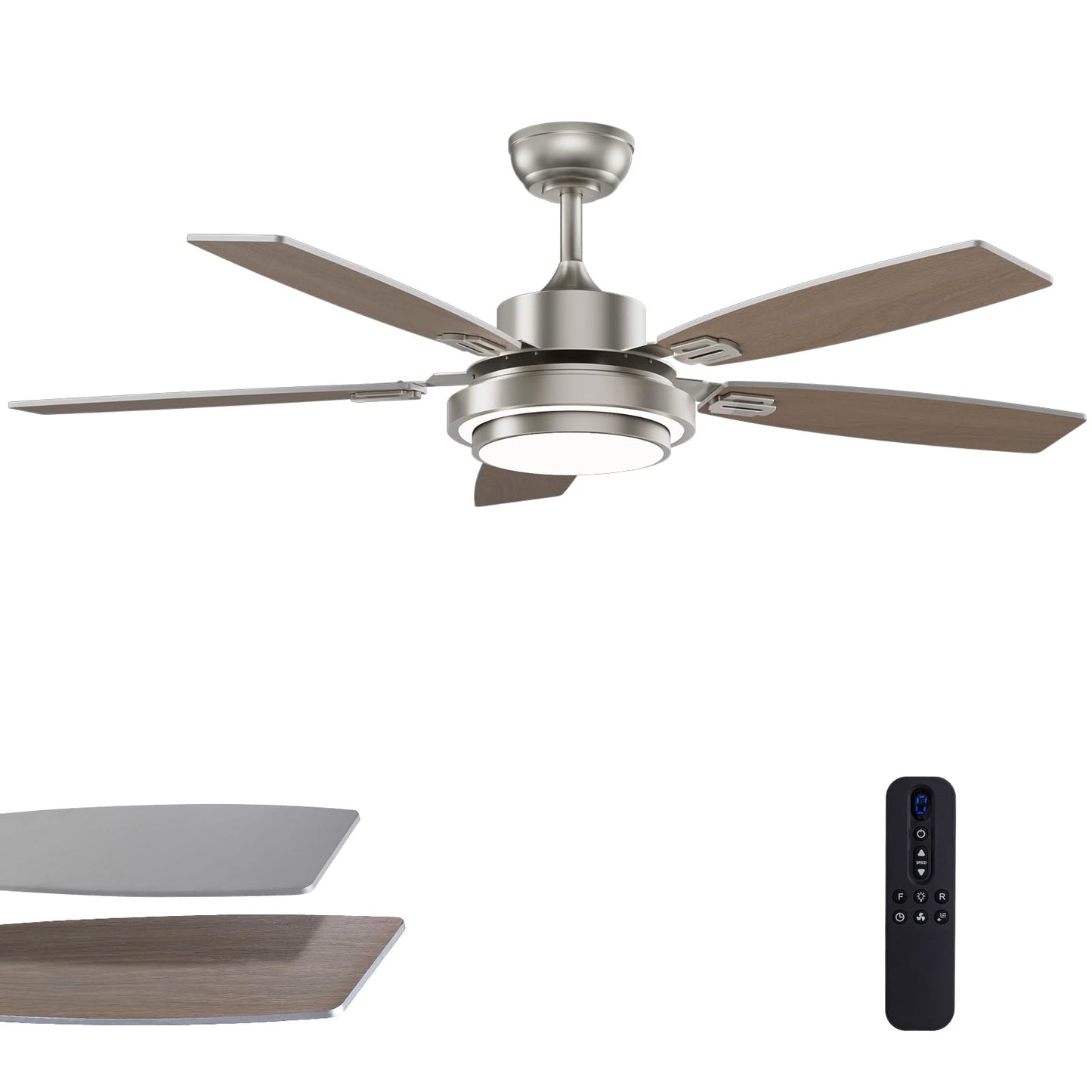 52 Inch Nickel Ceiling Fans with Lights and Remote Control for Bedroom, Modern Ceiling Fan with Quiet Reversible DC Motor, 3CCT, Dimmable, LED for Living Room, Patio, Indoor and Outdoor