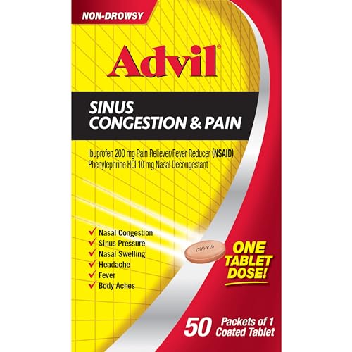 Advil Sinus Congestion and Pain, Sinus Relief Medicine, Pain Reliever and Fever Reducer with Ibuprofen and Phenylephrine HCl - 50 Coated Tablets