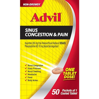 Advil Sinus Congestion and Pain, Sinus Relief Medicine, Pain Reliever and Fever Reducer with Ibuprofen and Phenylephrine HCl - 50 Coated Tablets