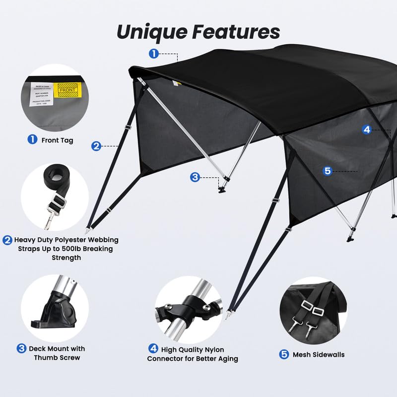 KAKIT 3 4 Bow Bimini Tops with Mesh Sidewalls Support Poles for Boats Marine Grade Canvas Top Includes 2 Straps Storage Boot 1 Inch Aluminum Frame