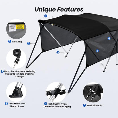 KAKIT 3 4 Bow Bimini Tops with Mesh Sidewalls Support Poles for Boats Marine Grade Canvas Top Includes 2 Straps Storage Boot 1 Inch Aluminum Frame
