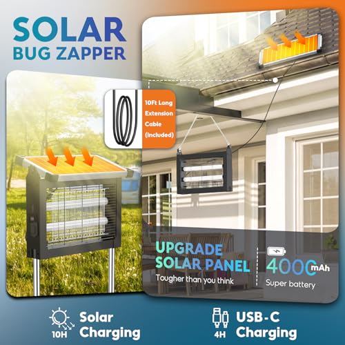 Solar Bug Zapper 4500V, Waterproof Mosquito Zapper Fly Traps Outdoor Patio