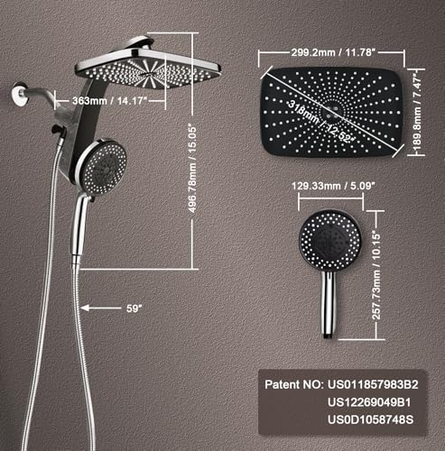 12" High Pressue Rain Shower Head with Handheld, 9 Sprays Hand Showerhead