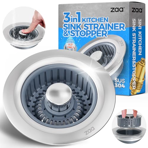 Sink Drain Strainer - Sink Stopper Kitchen Drain, 3 in 1 Kitchen Sink Drain Strainer with Anti-Clogging Basket, Kitchen Gadgets Clearance Sink Accessories, Fit US Standard 3-1/2'' Sink Hole, Silver