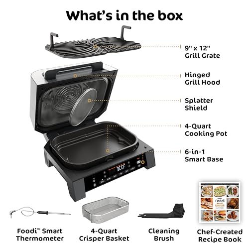 Ninja DG551 Foodi Smart XL 6-in-1 Indoor Grill with Air Fry, Roast, Bake, Broil, & Dehydrate, Foodi Smart Thermometer, 2nd Generation, Black/Silver