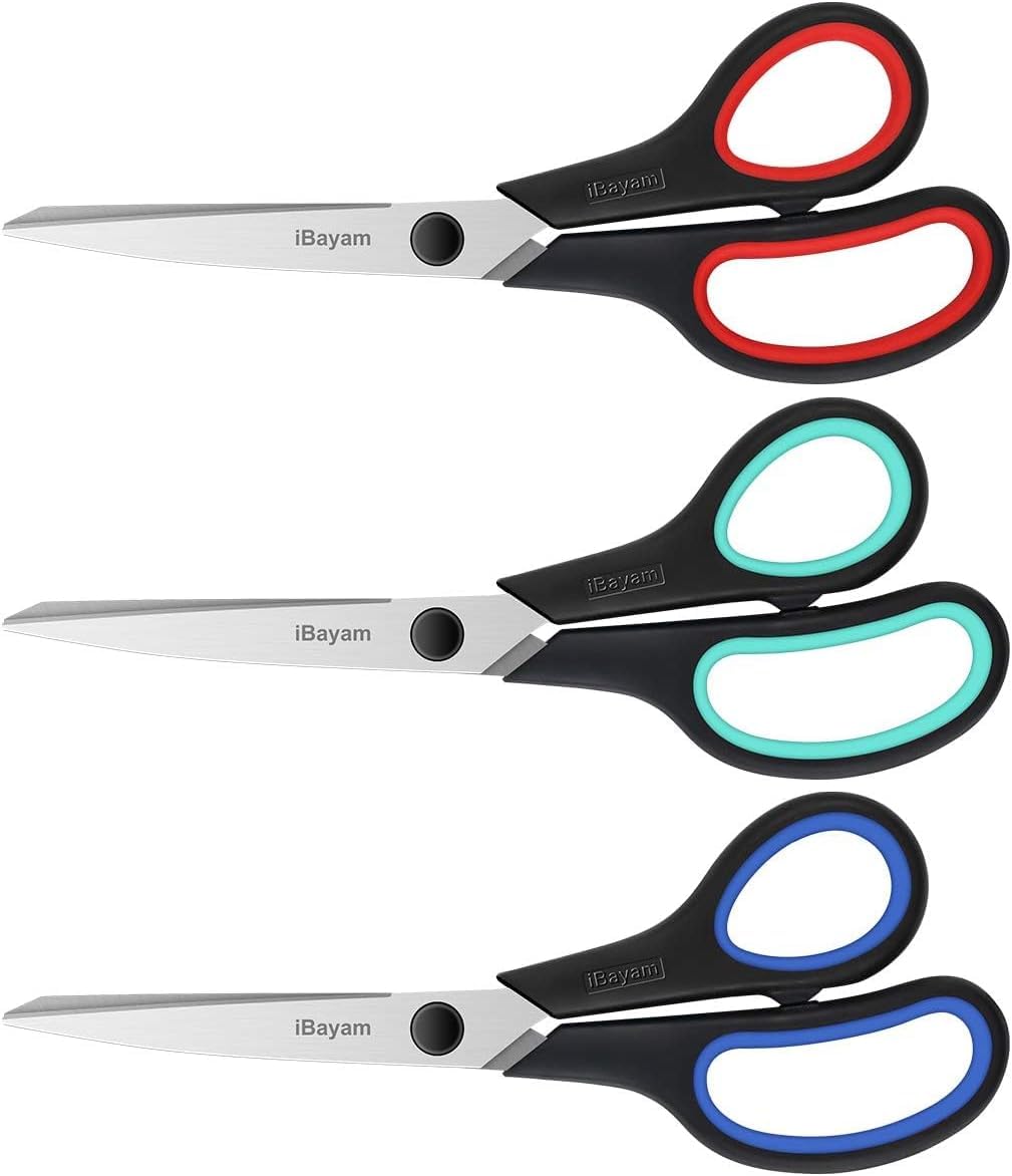 3 Pack 8" Stainless Steel Scissors with Ultra Sharp Blades and Comfort Grip Handles Scissors All Purpose For Office Home School Sewing Crafts