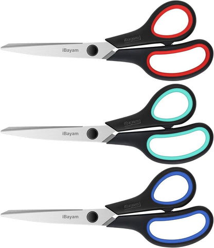 3 Pack 8" Stainless Steel Scissors with Ultra Sharp Blades and Comfort Grip Handles Scissors All Purpose For Office Home School Sewing Crafts