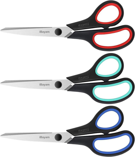 3 Pack 8" Stainless Steel Scissors with Ultra Sharp Blades and Comfort Grip Handles Scissors All Purpose For Office Home School Sewing Crafts