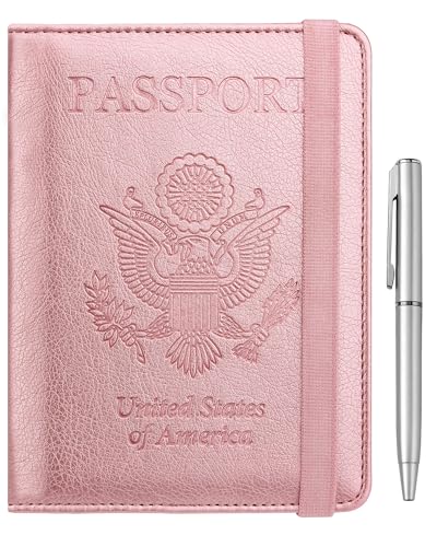 WALNEW Passport Holder for Travel, RFID Passport Cover Wallet for Women Men, PU Leather Passport Book Card Holder Case with Pen (Elastic Band Closure, A-Rosegold)