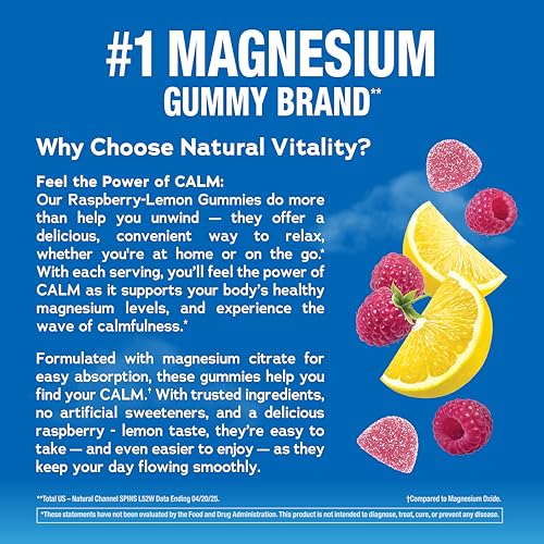 Natural Vitality Calm, Magnesium Citrate Supplement, Stress Relief Gummies, Supports a Healthy Response to Stress, Gluten Free, Vegan, Raspberry Lemon Flavored, 240 Gummies