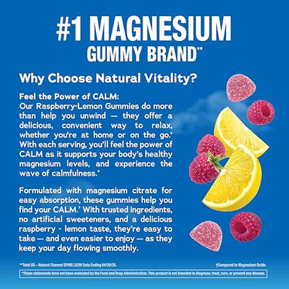 Natural Vitality Calm, Magnesium Citrate Supplement, Stress Relief Gummies, Supports a Healthy Response to Stress, Gluten Free, Vegan, Raspberry Lemon Flavored, 240 Gummies