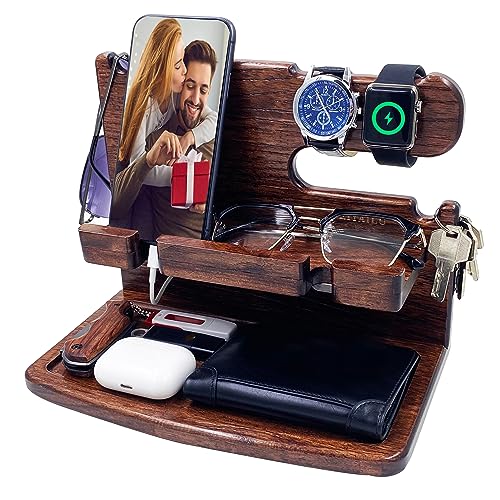 VEIYAILU Gifts for Men Women Dad Husband Son Boyfriend Him Desk or Nightstand Organizer Birthday Gifts Wood Phone Docking Station Anniversary Idea from Wife - Key Holder, Watch (Dark Brown)