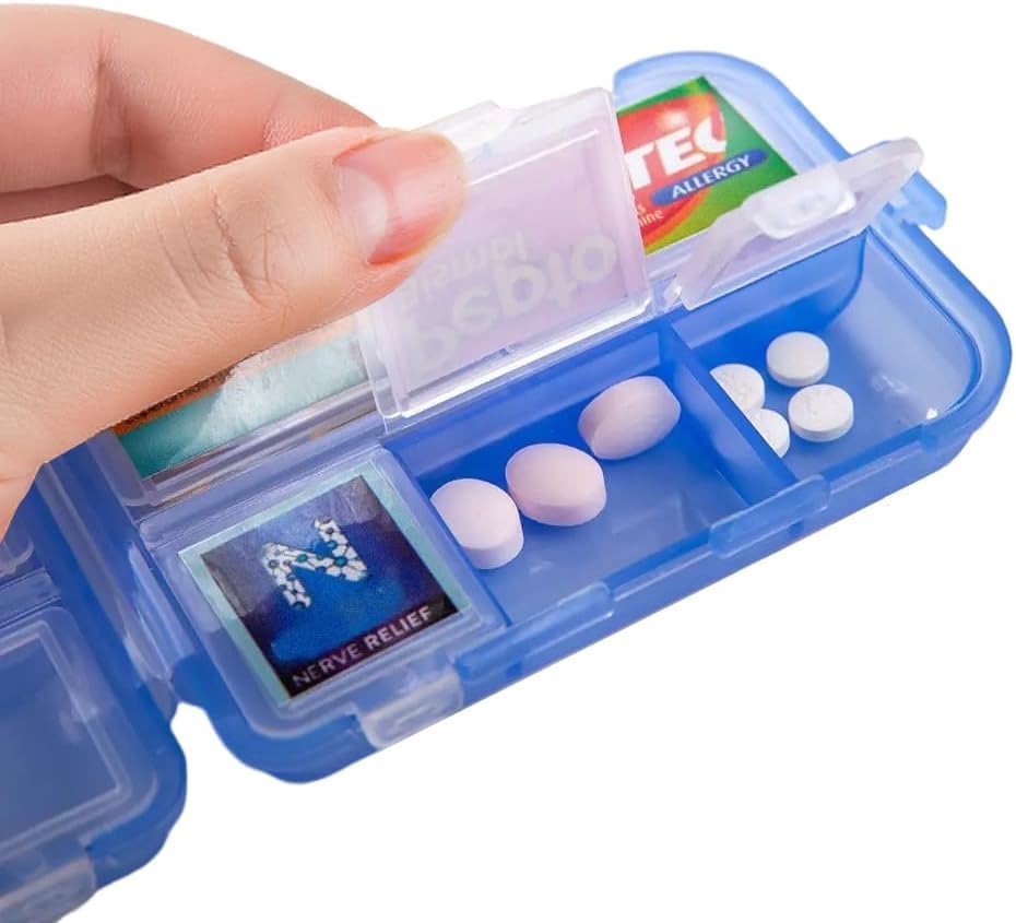 Pill Organizer with Medicine Labels Travel Daily Pill Container Mini Medication Organizer Storage Pill Organizer Travel Essentials Pill Case 7 Day (Purple& 161 Lables)