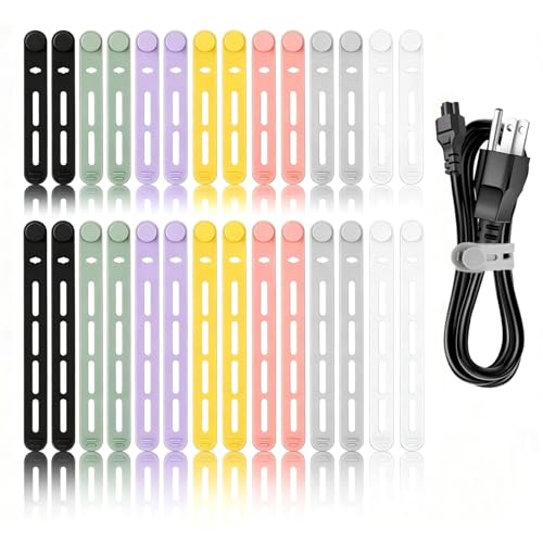 28Pcs Silicone Cable Ties Reusable, Multipurpose Cable Management Organizer, Adjustable Fastening Cable Straps with Locking Buckles, High Elasticity Cord Organizer, Travel Essentials(2 Sizes, 7Colors)