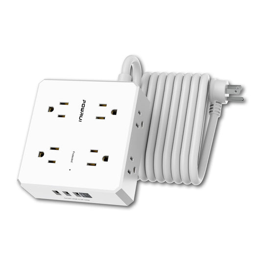 Surge Protector Power Strip - 15 Ft Flat Plug Extension Cord with 8 Widely Outlets and 4 USB Ports(1 USB C), 3 Side Outlet Extender for Home Office, White, ETL Listed