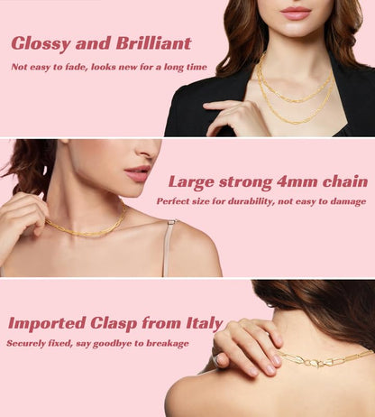Eterjew 4mm 14k Plated Gold Paperclip Chain Necklace for Women, Women's Paperclip Chain Necklace for Women 26inches