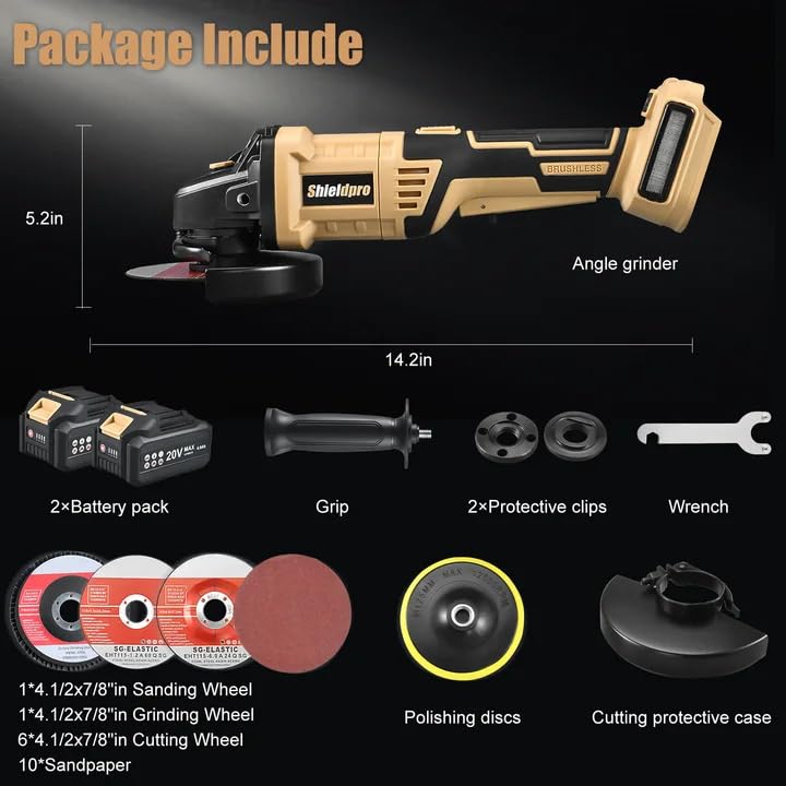 Shieldpro Cordless Angle Grinder 4-1/2 inch,3 Variable Speeds Grinder with Rotating head,2×20V 4.0Ah Batteries，Grinder Tool For Metal Cutting, Grinding, Polishing, Rust Removal