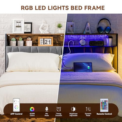COMHOMA Queen Size Platform Bed Frame with LED Lights and Charging Station, Storage Headboard and Footboard Drawers, No Box Spring Needed, Rustic Wood Look