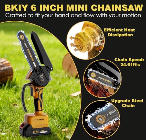 Mini Chainsaw Cordless 6 Inch – 21V Battery Powered Electric Pruning Saw, Lightweight Handheld Chainsaw for Tree Trimming Wood Cutting, Gifts for Men Dad, Yellow