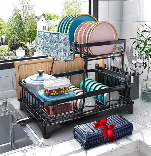 Godboat 2-Tier Dish Drying Rack - Dish Rack with Auto Drain-to-Sink & Mat