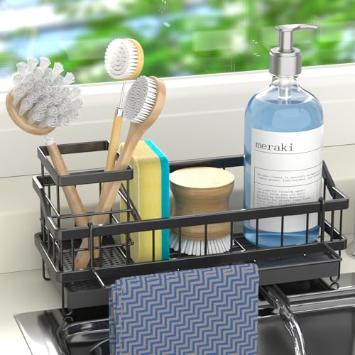 Cewomuc Sponge Holder for Kitchen Sink - Countertop Rustproof Stainless Steel, Sink Caddy, Kitchen Gadgets Accessories (Black)