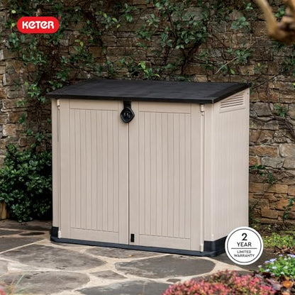 Keter Store-It-Out MIDI Outdoor Resin Storage Shed – Weather-Resistant Horizontal Cabinet for Trash Cans, Garden Tools & Patio Accessories – Lockable, Easy-Lift Lid, 30 Cu. Ft. Capacity, Beige