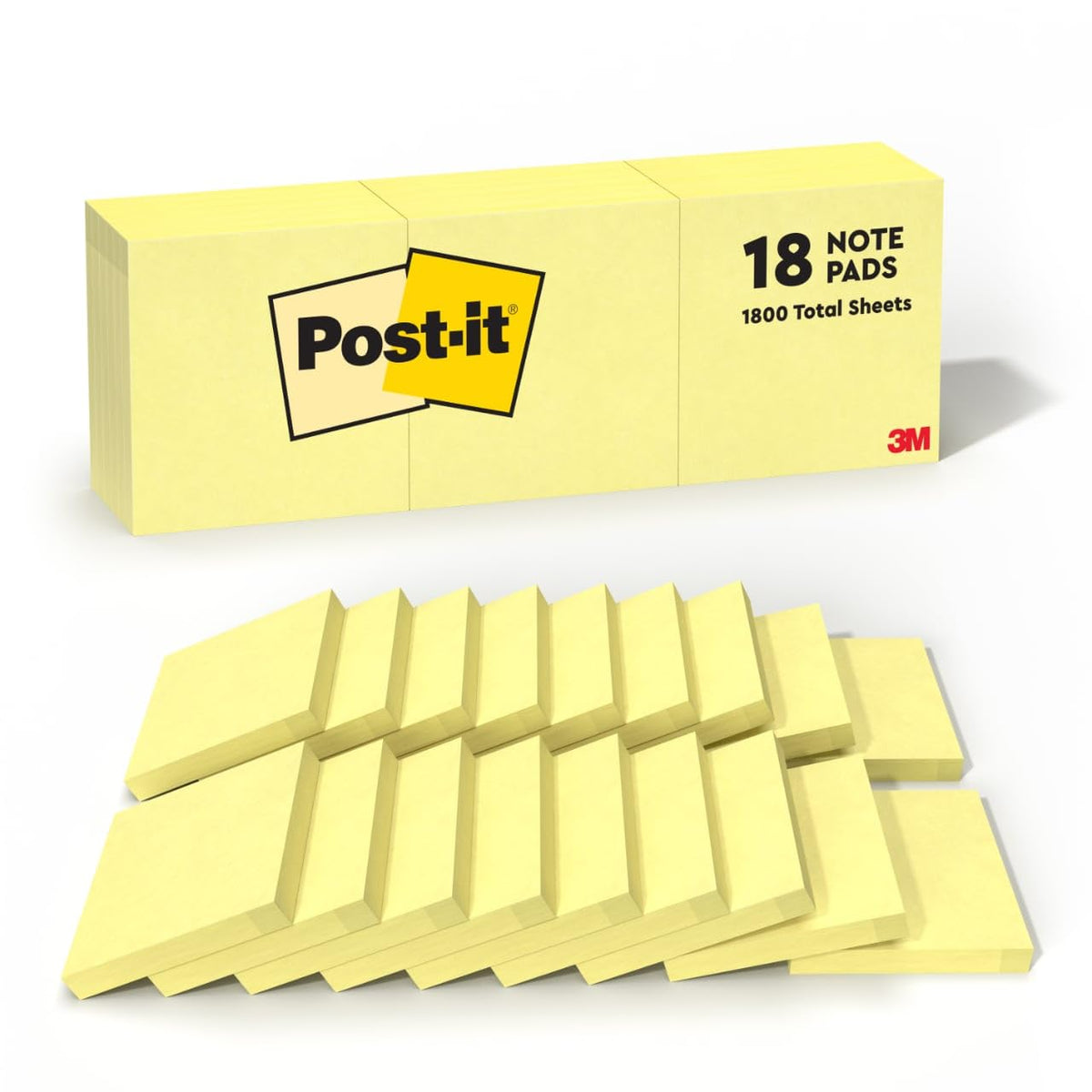 Post-it Notes, 3 in x 3 in, 18 Sticky Notes Pads, 100 Sheets per Pad, The Iconic Canary Yellow Note, New Year Organization or Second Semester School Supplies