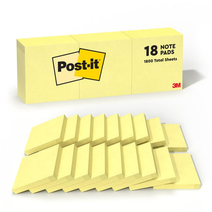 Post-it Notes, 3 in x 3 in, 18 Sticky Notes Pads, 100 Sheets per Pad, The Iconic Canary Yellow Note, New Year Organization or Second Semester School Supplies