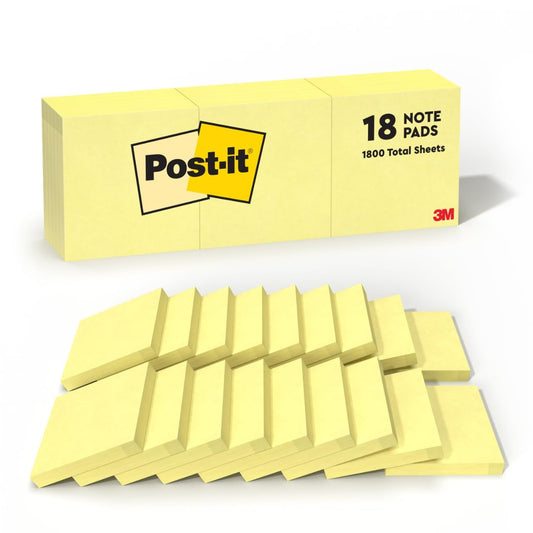 Post-it Notes, 3 in x 3 in, 18 Sticky Notes Pads, 100 Sheets per Pad, The Iconic Canary Yellow Note, New Year Organization or Second Semester School Supplies