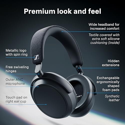 Sennheiser MOMENTUM 4 Wireless Headphones - Bluetooth Headset for Crystal-Clear Calls with Adaptive Noise Cancellation, 60h Battery Life, Lightweight Folding Design, Black