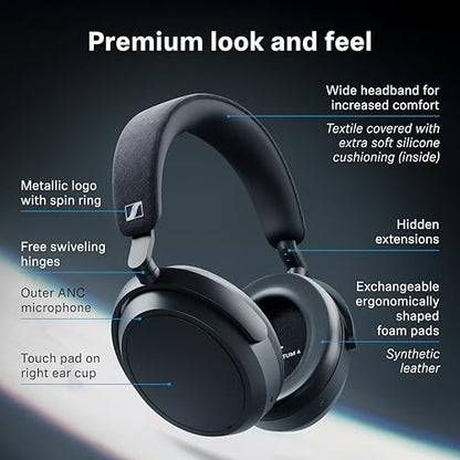 Sennheiser MOMENTUM 4 Wireless Headphones - Bluetooth Headset for Crystal-Clear Calls with Adaptive Noise Cancellation, 60h Battery Life, Lightweight Folding Design, Black