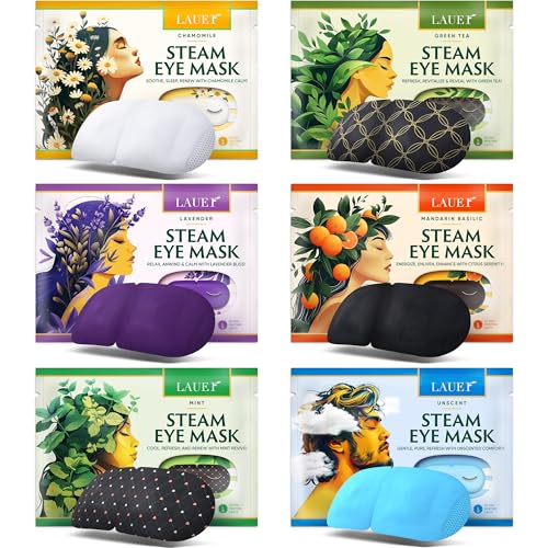 Heated Eye Steam Mask Dry Eyes Self Warm Compress Dark Circles Puffiness Set of Scent (Lavender, Chamomile, Green Tea, Mint, Mandarin Basilic, Unscented) Pack of 6 Masks for Women